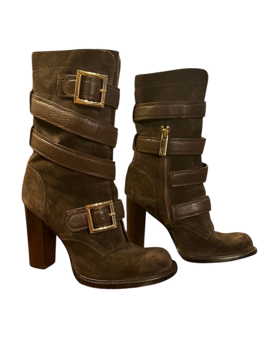 Tory Burch Jayden Brown Suede Buckle Strap High-Heel Boot Size 6.5 MSRP $550